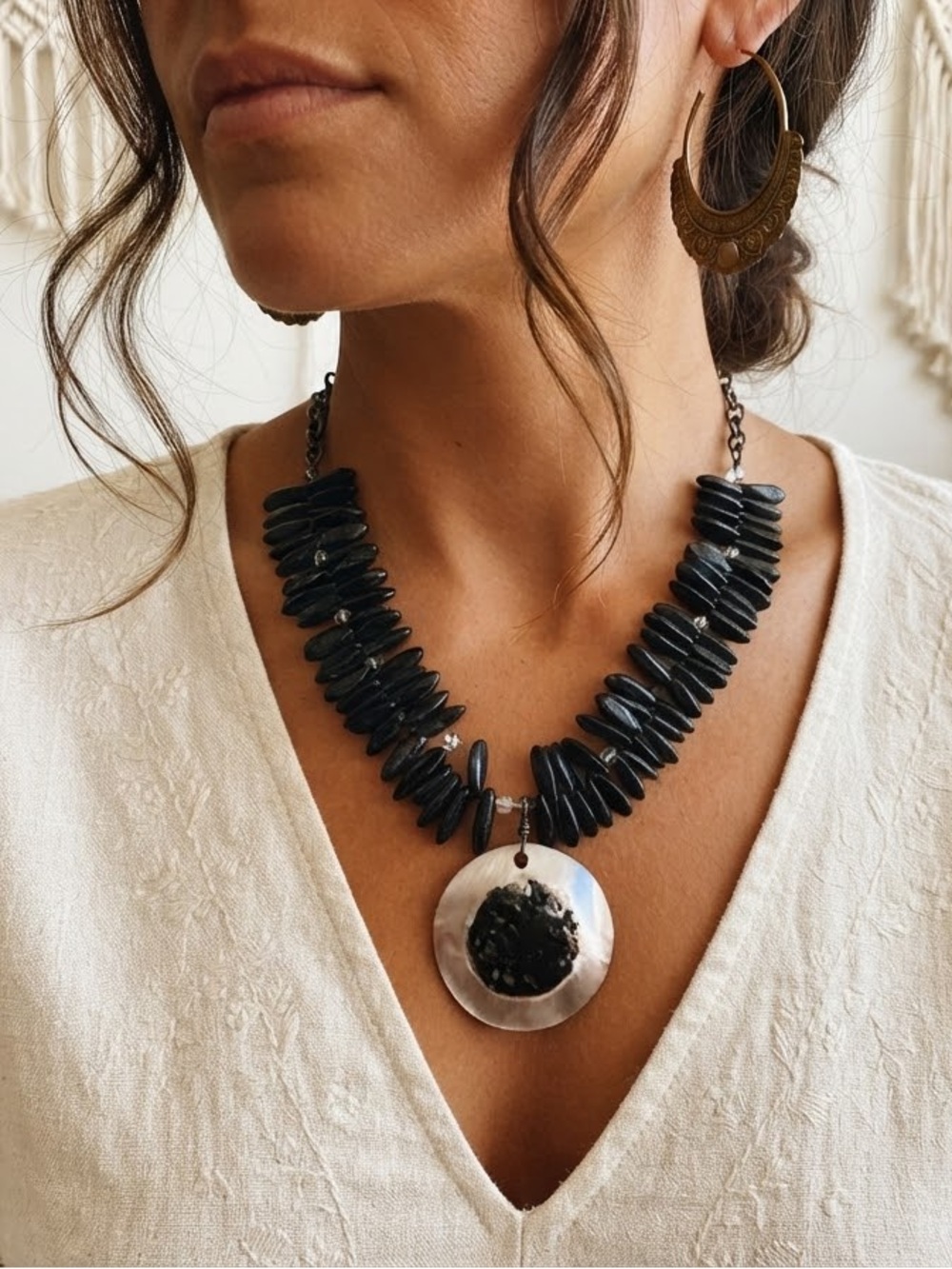 Artisan Made Boho Abalone Statement Necklace Coastal Black Stone Choker